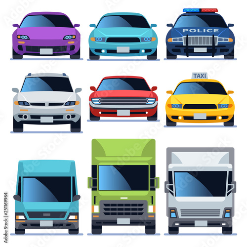 Car front view icons set. Vehicles driving auto service police truck sedan taxi cargo cars road city transport