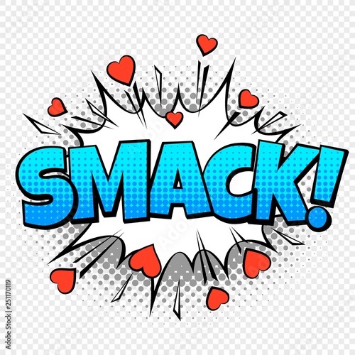 Comic smack. Cartoon pop vintage speech bubble word with halftone dotted shadow and hearts