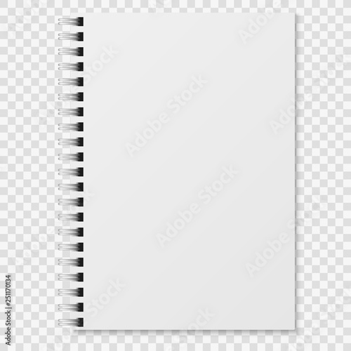 Realistic notebook. Blank closed spiral binder white copybook. Paper organizer or diary vector mockup