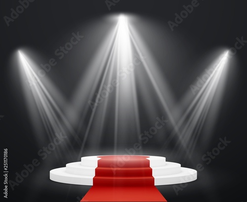 Stairs 3d with red carpet. Spotlight scene staircase podium for celebrity pedestal award stairway up to success