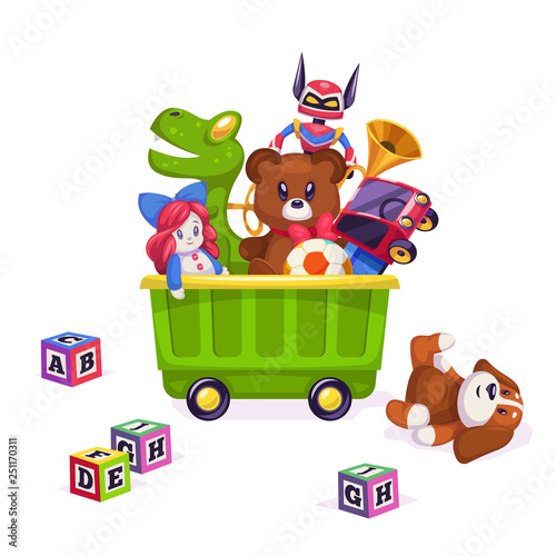 Kids toys box. Toy kid child play game bear pyramid ball train yacht horse doll duck boat plane car rabbit