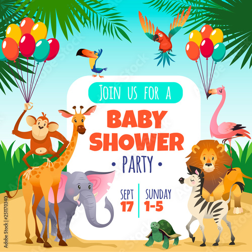 Mother baby shower. Template invitation children party greeting baby tropical animals card, cartoon vector illustration