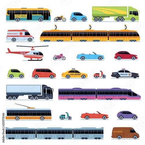 Car collection. Vehicles city transportation. Cars helicopter tram bus taxi police convertible scooter motorcycle smart