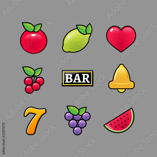 Slot machine symbols icons set. Casino gambling slot machine icons of fruit lemon seven bell