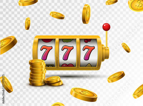 Slot machine lucky sevens jackpot concept 777. Vector casino game. Slot machine with money coins. Fortune chance jackpot
