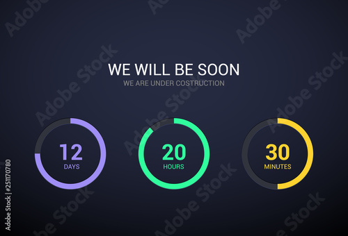 Countdown timer design for website. Clock timer design on dark background. Coming soon app modern flat counter