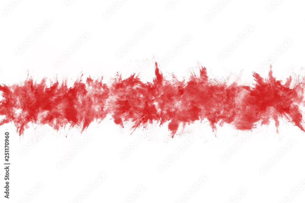 Freeze motion of red powder exploding, isolated on white background. Abstract design of red dust cloud. Particles explosion screen saver, wallpaper Freeze motion of red powder exploding, isolated on white background. Abstract design of red dust cloud. Particles explosion screen saver, wallpaper