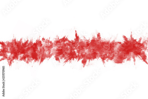 Freeze motion of red powder exploding, isolated on white background. Abstract design of red dust cloud. Particles explosion screen saver, wallpaper