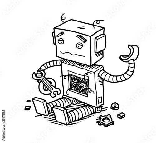 Hand drawn vector cartoon illustration of a broken robot trying to fix itself using a wrench