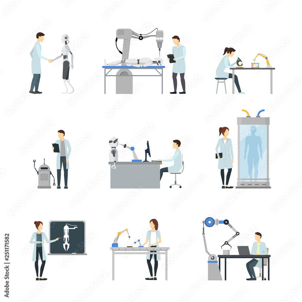Cartoon Characters Artificial Intelligence Scientists Set. Vector