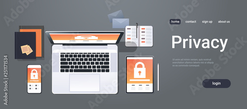 data protection internet security padlock privacy information safety concept top angle view desktop laptop tablet smartphone screen secured access office stuff horizontal copy space