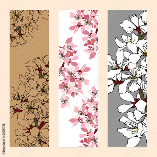 A set of floral bookmarks, flyers with pink and white flowers for layout, corporate identity and design. Flat style vector illustration.
