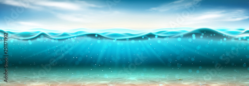 Realistic underwater marine banner. Vector illustration. Realistic sea scene with under water sand, sun beams and seashells. Banner with horizontal water surface and clouds.