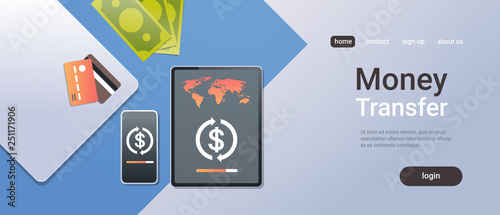 online mobile application internet banking payment money transfer concept top angle view desktop smartphone tablet screen credit card office stuff horizontal copy space