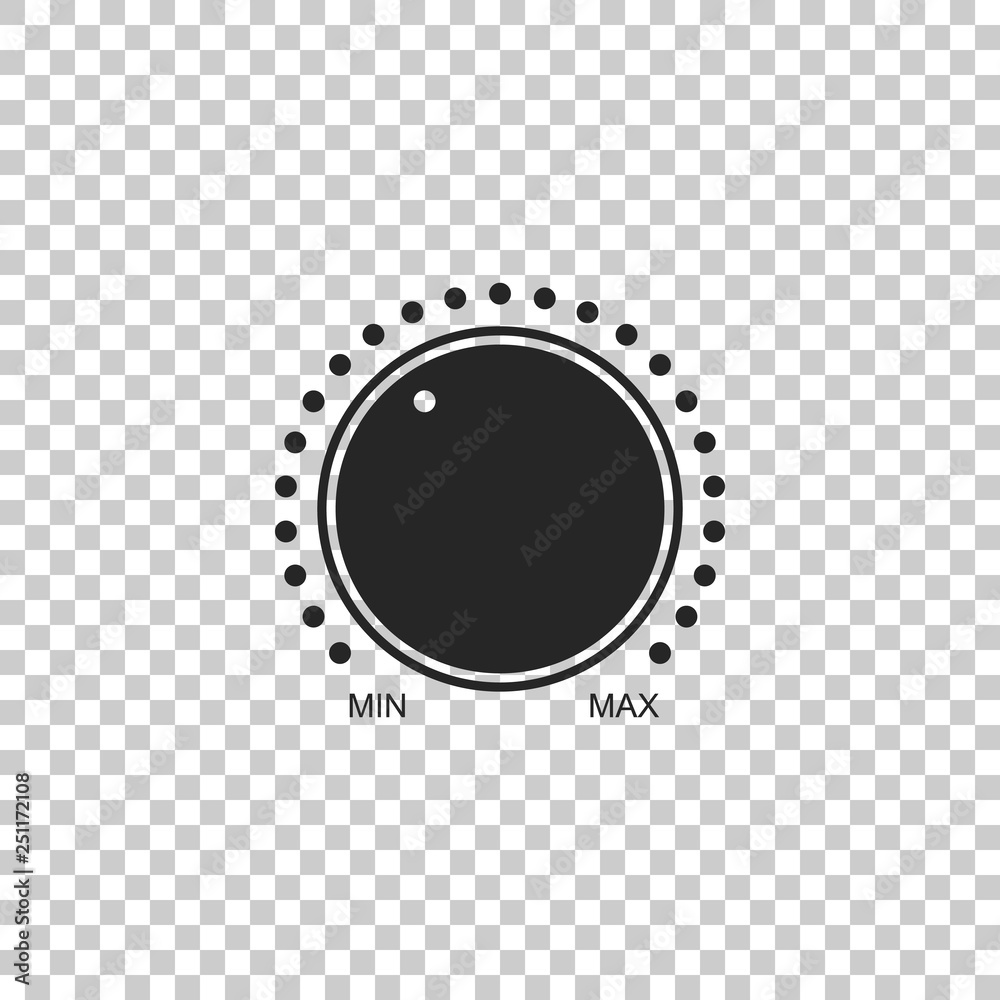 Dial knob level technology settings icon isolated on transparent background. Volume button, sound control, music knob with number scale, analog regulator. Flat design. Vector Illustration