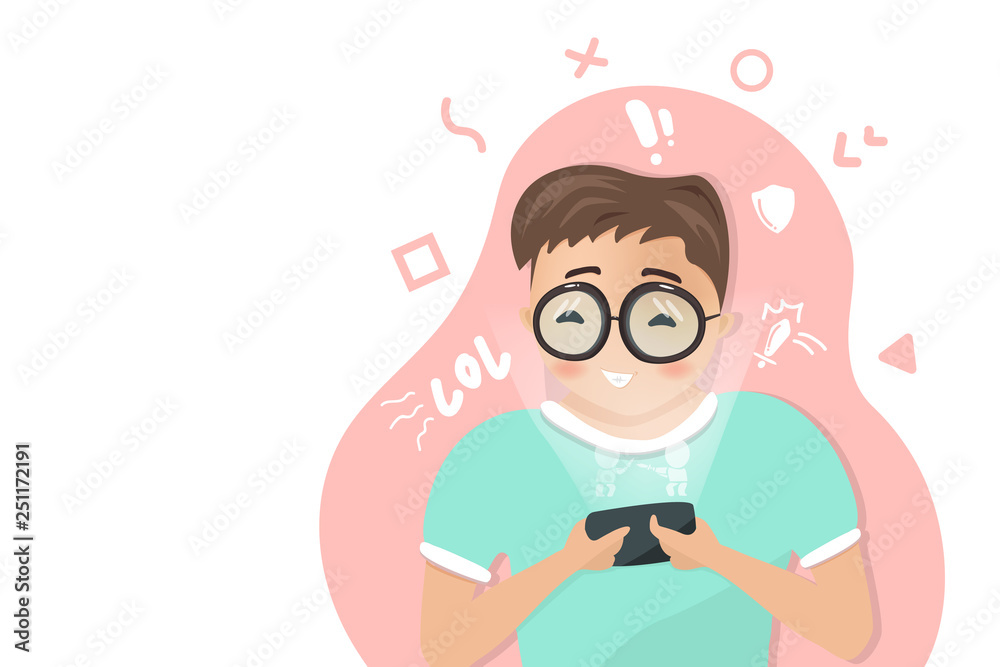 Boy is playing game on mobile phone, digital technology, lifestyle relaxing, teenage student, media addiction, people cartoon characters flat design, vector