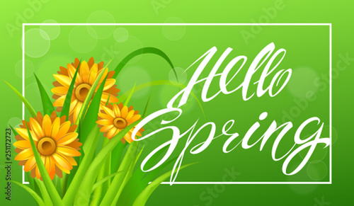 Spring time. Handwritten calligraphy lettering with grass background. Vector image. photo