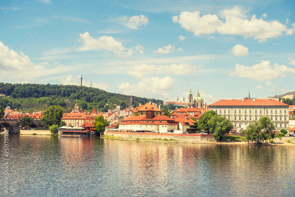 Prague panorama city skyline and Charles Bridge, Prague, Czechia. Boat cruise on Vltava river