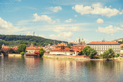 Prague panorama city skyline and Charles Bridge, Prague, Czechia. Boat cruise on Vltava river