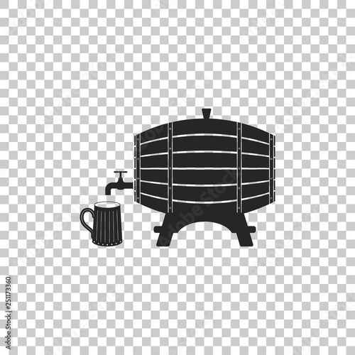 Wooden barrel on rack with stopcock and wooden beer mug icon isolated on transparent background. Flat design. Vector Illustration