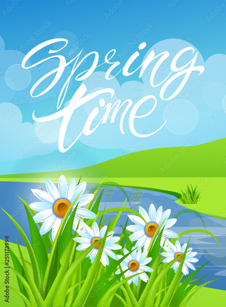 Obraz premium Spring time. Handwritten calligraphy lettering with grass background. Vector image.