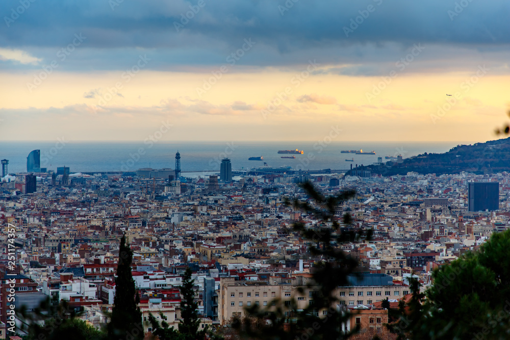 Top view of evening Barcelona