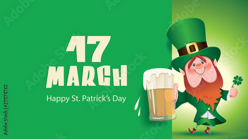 St. Patrick's Day concept -Leprechaun toasted with beer mug next to textual signboard