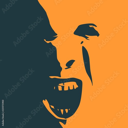 Demonic ugly face. Devil scream character. Demon or monster screaming with in an open mouth as a front view horror face.