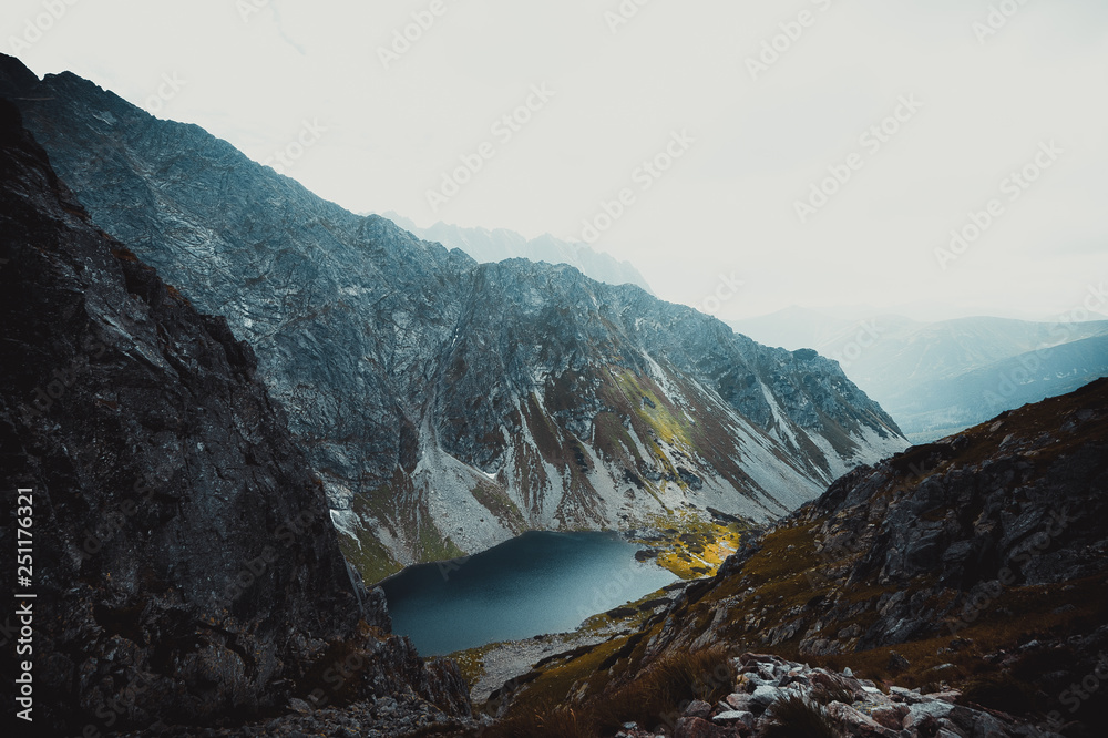 A blue lake among high mountains