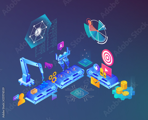 Automated marketing and SEO content isometric concept, vector illustration