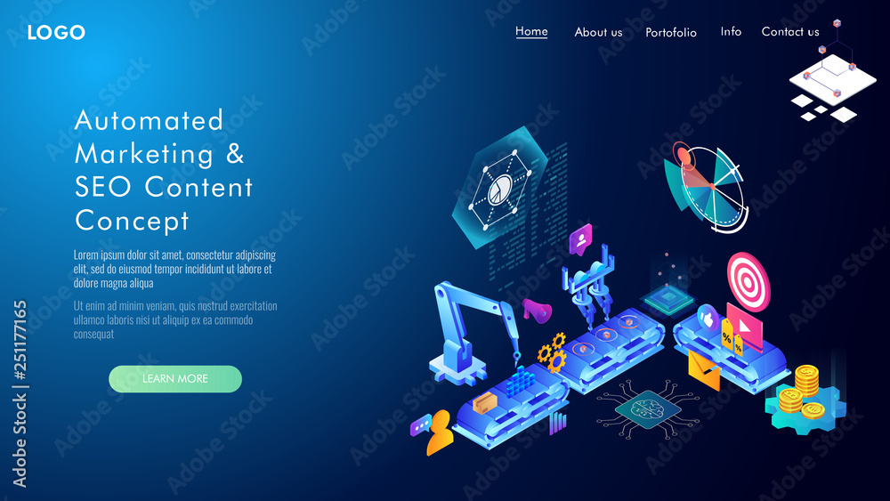 Automated marketing and SEO content isometric concept, vector illustration Automated marketing and SEO content isometric concept, vector illustration