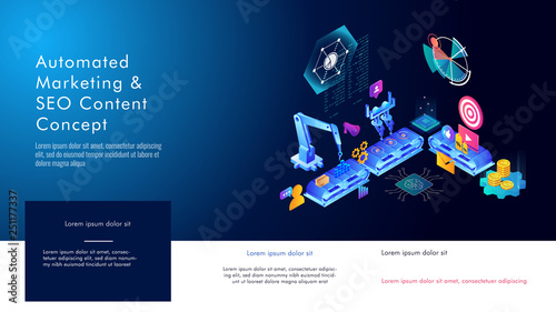 Automated marketing and SEO content isometric concept, vector illustration