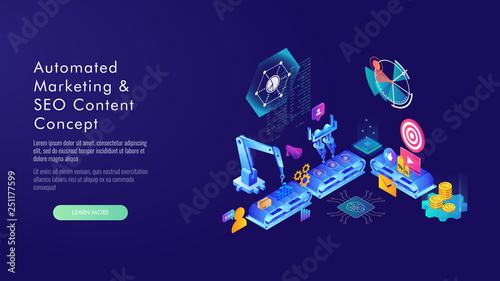 Automated marketing and SEO content isometric concept, vector illustration