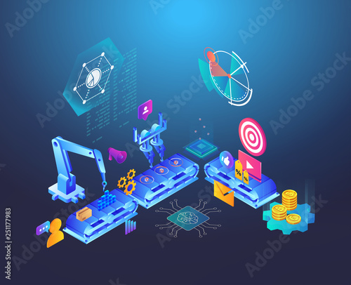 Automated marketing and SEO content isometric concept, vector illustration