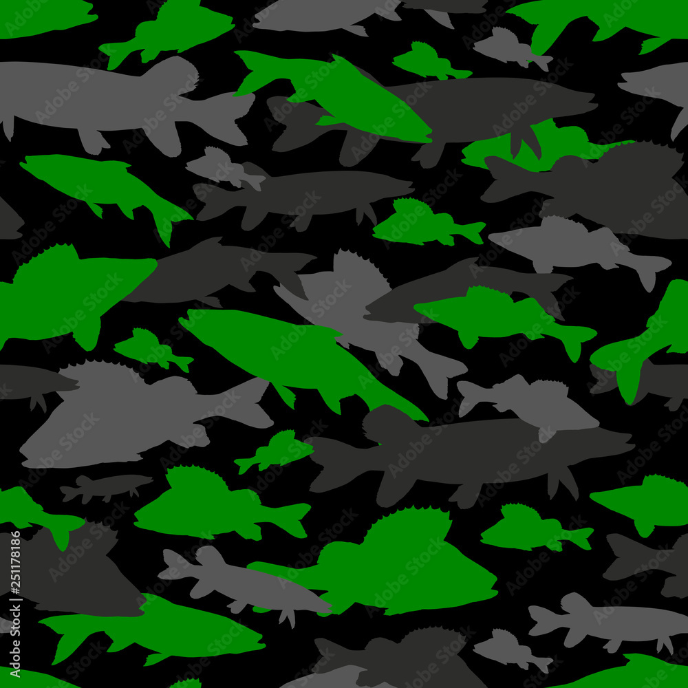 Seamless vector pattern of fishing camouflage. Green camo of fish