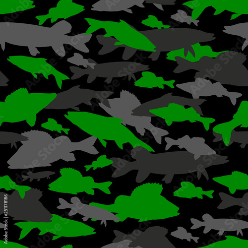 Seamless vector pattern of fishing camouflage. Green camo of fish