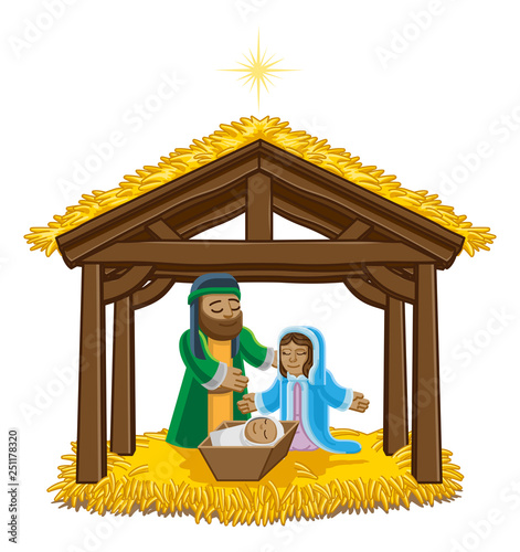 A Christmas nativity scene cartoon, with baby Jesus, Mary and Joseph in the manger and star above. Christian religious illustration.