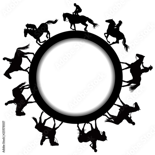 Circular frame with silhouettes of horse riders
