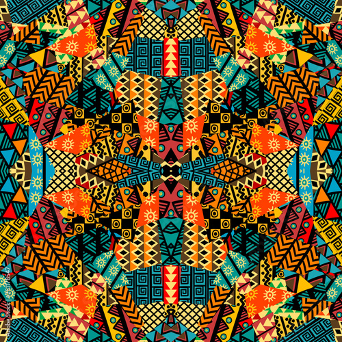Colored ethnic patchwork mosaic with african motifs