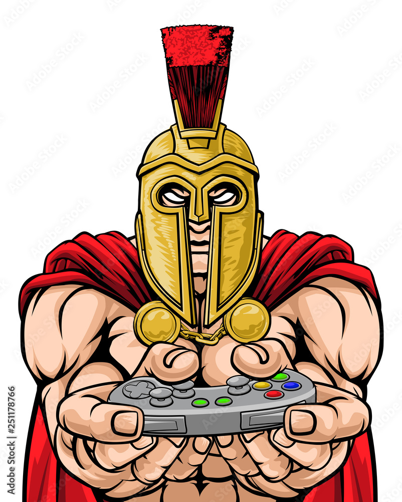 Fototapeta A Spartan or Trojan warrior or gladiator gamer mascot with video games controller