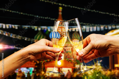 Moscow Red Square with glasses of champagne