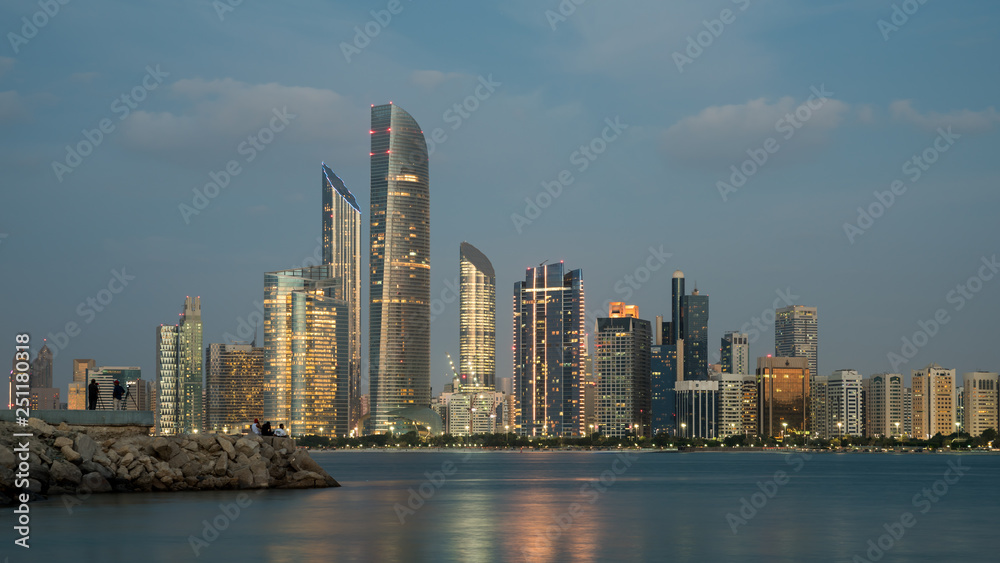 Abu Dhabi Seascape, High rise buildings of Abu Dhabi City at blue hour