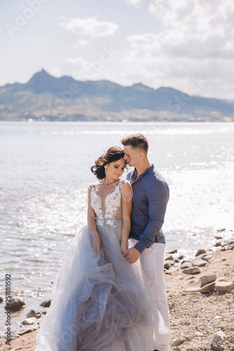 Beautiful wedding couple on the background of the rocks and sea. Close-up portrait