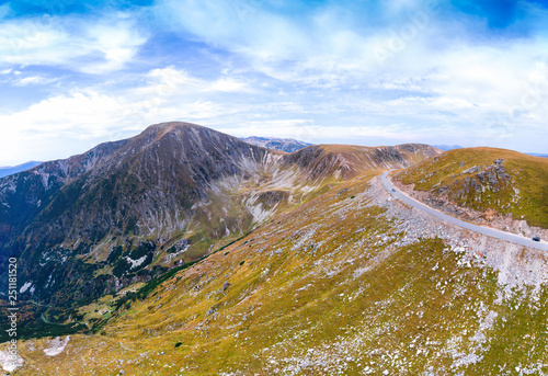 Aerial view on transalpina road on Romania mountain  travel  adventure concept  motorcyclists way  vacation place  mountains top  autumn day