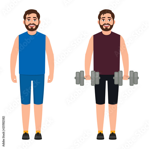 The bearded male athlete holds dumbbells, the guy plays sports, the man performs physical exercises. character in cartoon style