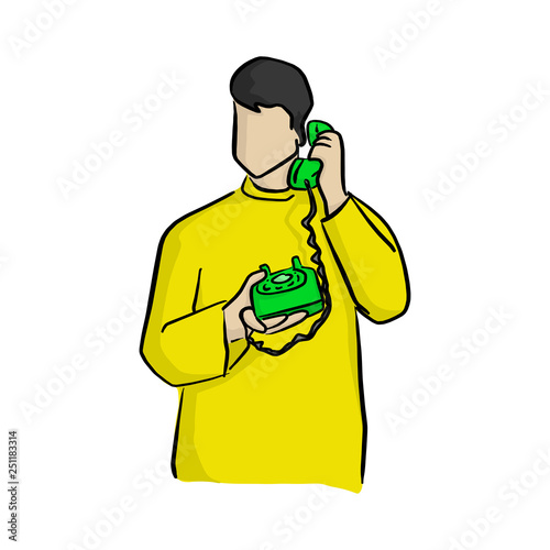 man using green desk telephone vector illustration with black lines isolated on white background