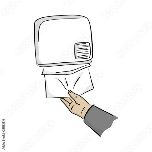 close-up hand using paper dispenser on the wall vector illustration with black lines isolated on white background