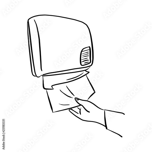 close-up hand using paper dispenser on the wall vector illustration with black lines isolated on white background