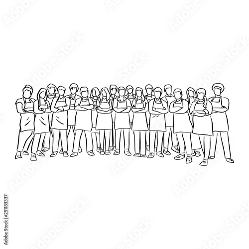 many chefs standing in arms crossed pose vector illustration with black lines isolated on white background