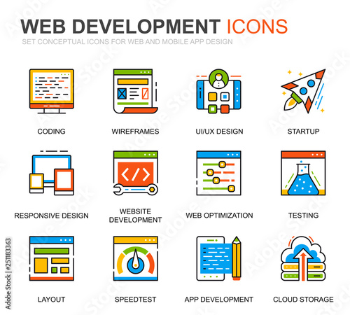 Simple Set Web Disign and Development Line Icons for Website and Mobile Apps. Contains such Icons as Coding, App Development, Usability. Conceptual color line icon. Vector pictogram pack.